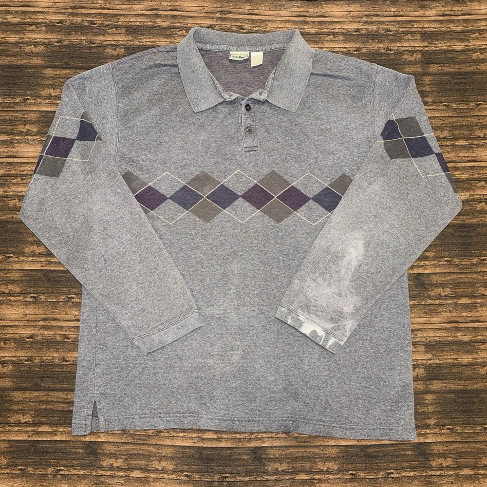 L.L. Bean Mens XL Argyle Sweater Heather Gray Made In USA Pullover Polo Casual